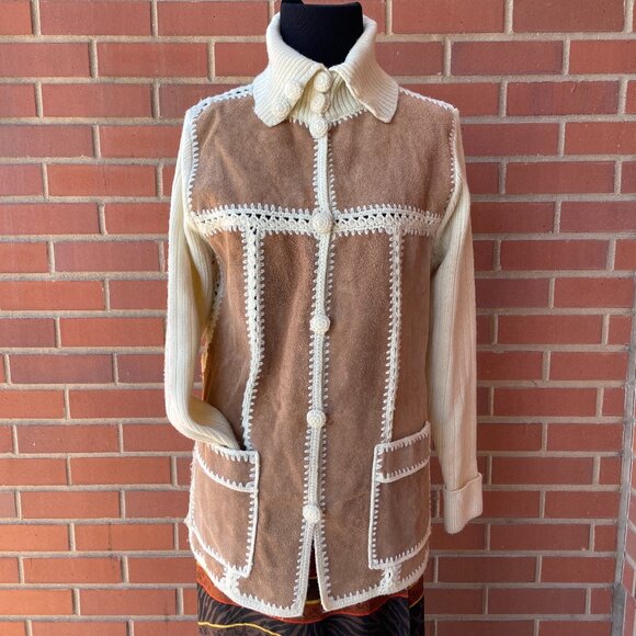 Vintage 70s Suede Leather Knit Cardigan Sweater JacketSize S-L